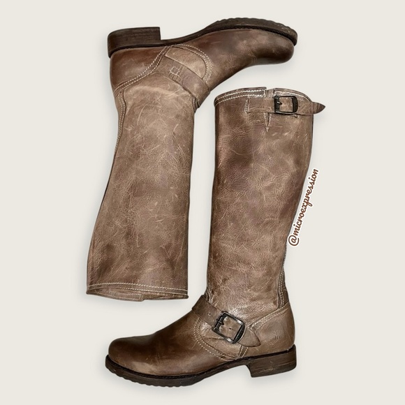 $399 Frye Veronica Slouch Tan Brown Tan Leather Engineer Moto Tall Buckle Boot - Picture 16 of 16